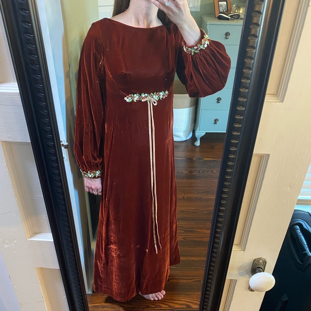 Vintage handmade long velvet dress with embroidered floral accents size XS / S